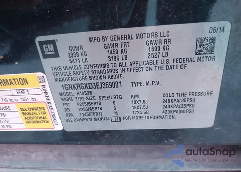 2014 Chevrolet Traverse 1Lt from USA, damaged, VIN 1GNKRGKD3EJ369001